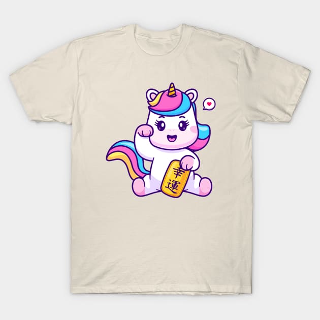 Cute Lucky Unicorn Holding Gold Coin Cartoon T-Shirt by Catalyst Labs